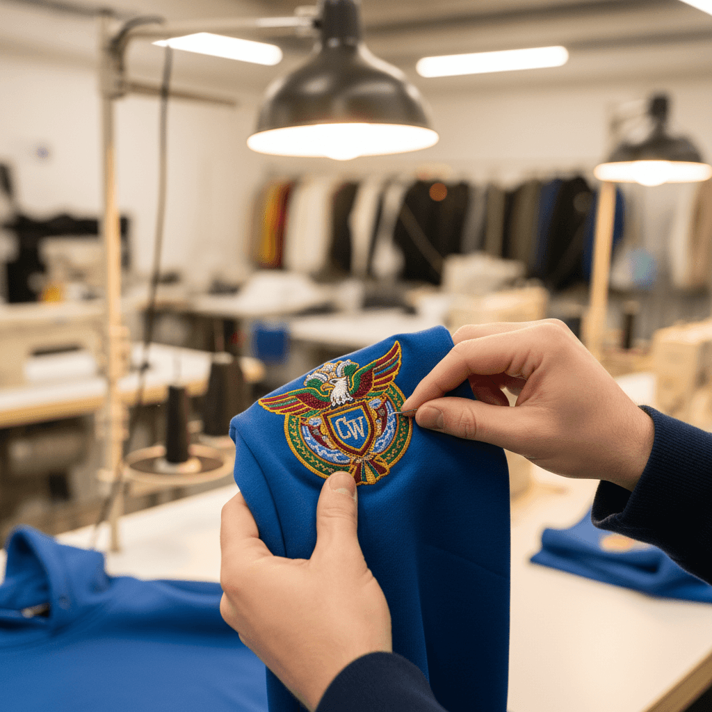 A fresh, bright lifestyle aesthetic medium shot of a custom printed hoodie being inspected during quality control.